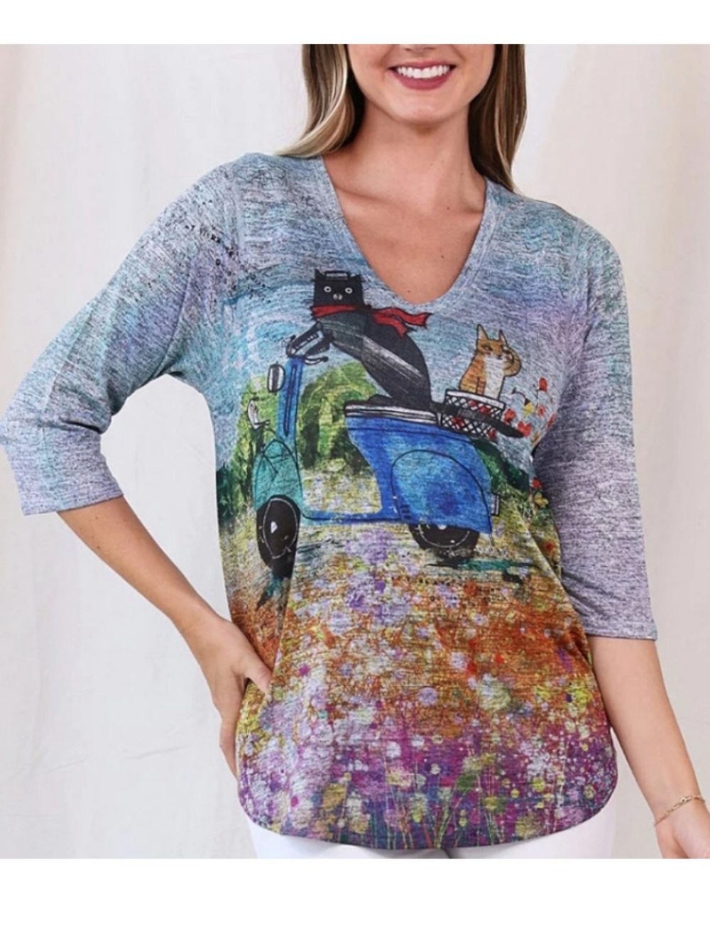 Inoah "A Ride Home" V-neck shirttail top Sz S Artsy Whimsical Quirky